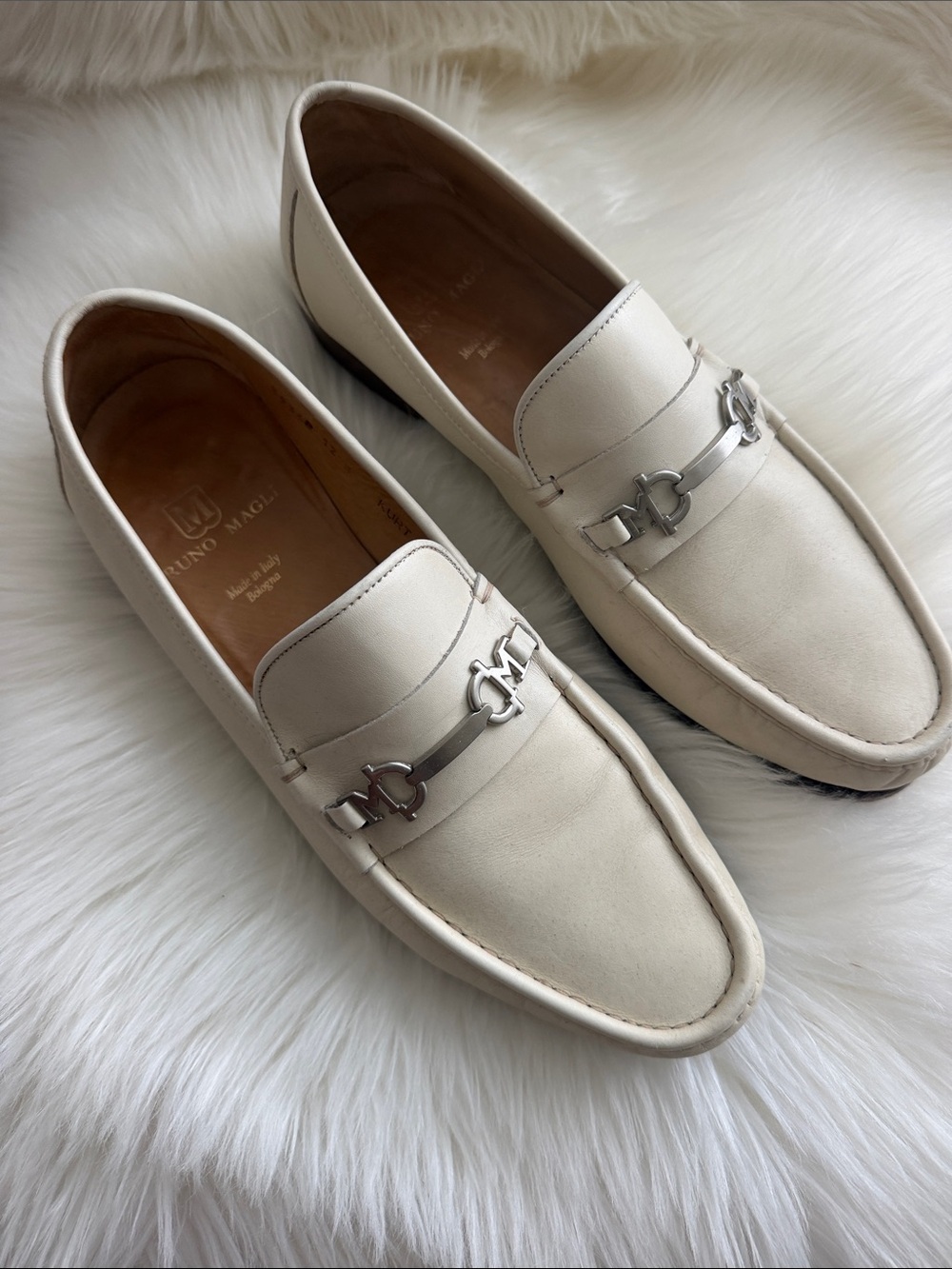 Bruno Magli Off-White Leather Bit Loafers